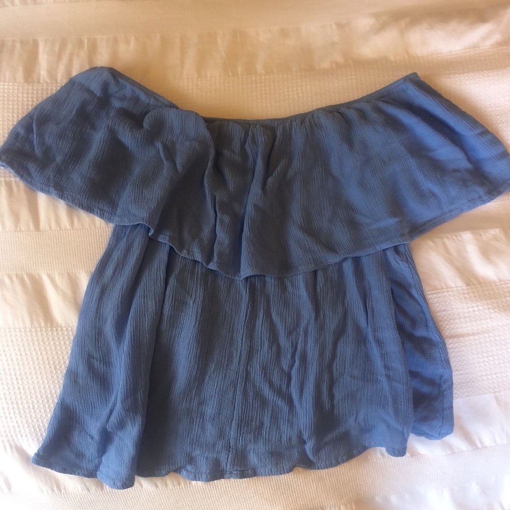 Y&I Ruffled Light Blue Off-the-Shoulder Top - Picture 2 of 3